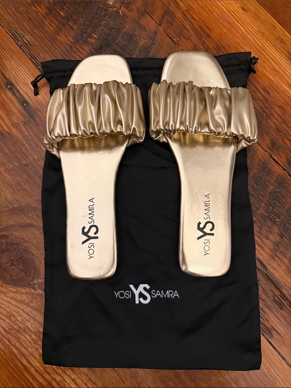 Yosi Samra Metallic Gold Ruched Slide Sandals
